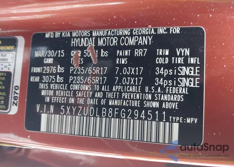 2015 Hyundai Santa Fe Sport 2.4L z USA, uszkodzony, nr VIN 5XYZUDLB8FG294511